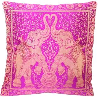 Handgewebter indischer Banarasi Seide Deko-Kissenbezug mit Extravaganten Elefant Design in Lila - 40 cm x 40 cm