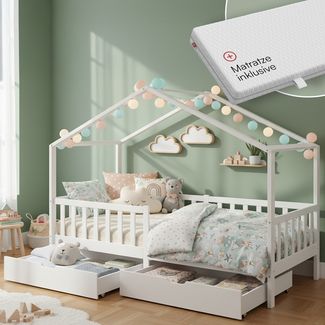 Bellabino 'Bia' Hausbett 80x160 cm mit Matratze und 2 Schubladen, weiß, Kiefer Massivholz, Montessori Kinderbett mit Stauraum, inkl. Rausfallschutz und Lattenrost