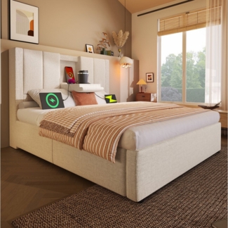 TavilaEcon Boxspringbett Hydraulisches Polsterbett mit verstecktem Becherhalter & Ladestation (1-St), mit U-förmige Eisenstange, 90×200cm, beige/grau