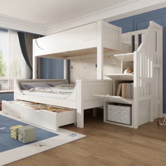 Etagenbett, Kinderbett mit Leiterschrank & Schubladen Elegante Schlittenform Design Holzbett mit Rausfallschutz und Lattenrost Oben 90 x 200 cm Unten 140 x 200 cm Doppelbett, Holz, Weiß