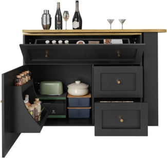 Bartisch B 138–204 x T 39 x H 105 cm, MDF/Metall, klappbar mit 360°-Drehscheibe & Snack-Regal, schwarz