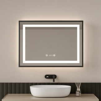 EMKE Badspiegel mit Beleuchtung 70x50cm Badspiegel Schwarzer Rand LED Badezimmerspiegel mit Touch, Antibeschlage, Uhr, Temperatur, Dimmbar, Memory-Funktion, Neutrale Beleuchtung Wandspiegel IP44