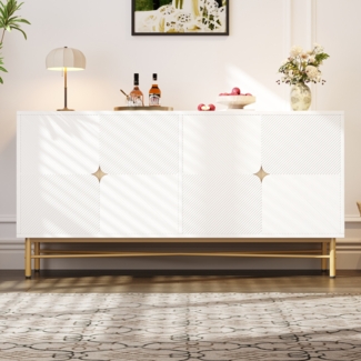 Sideboard, mit Erhabener Textur 160cm, Schrank mit vier Türen, Goldene gebürstete Griffe und Hochglanz Tischbeine, Weiß, Holz/Metall, Weiß, 160 x 40 x 82 cm