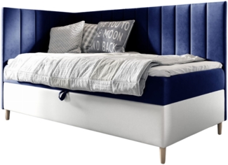 MEBLINI Kinderbett mit Bettkasten MAYA 3 90x200 Links – H3/Blau Samt Gepolstert Einzelbett mit Matratze - Polsterbett mit Stauraum - Bett mit Kopfteil – Stauraumbett
