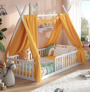 Alavya Home® Kinderbett Bodenbett SKY SET aus Buche – FSC® 100%, Deko & Matratze (Hausbett 90x200 cm SET mit Decoration Gelb, Matratze, Rausfallschutz & Lattenrost Kinderbett 90x200), bodentiefes Jugendbett weiß massiv BUCHE für Junge Mädchen