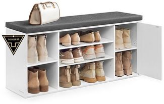 SONGMICS HOME Schuhbank, Toolless-Technologie, superschnelle werkzeuglose Montage, Sitzbank mit Stauraum, offene Fächer, verstellbar, Schuhschrank, schneeweiß-schiefergrau