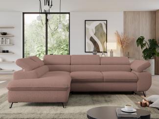 Mks Möbel 'Pedro L-Form' Ecksofa mit Schlaffunktion, verstellbaren Kopfstützen & Bettkasten, Rosa, Boucle, mit Topper, links