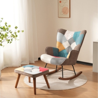 REDOM Ohrensessel Patchwork Schaukelstuhl mit Hocker, Massivholzbeine, bunte Polsterung (aus Holz und Eisen, langlebig), Patchwork-Schaukelstuhl mit Walnussholz