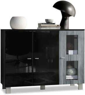 Vladon Sideboard Denjo, Kommode mit 3 Türen, Schwarz matt/Schwarz Hochglanz/Avola-Anthrazit (107 x 81 x 35 cm)