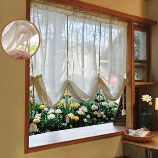 BTTO V&G Bindegardine Raffrollo Leinen Türvorhang Halbtransparent Sichtschutz, Stangentasche, Vintage Raffgardine Heimtextilien Partydeko