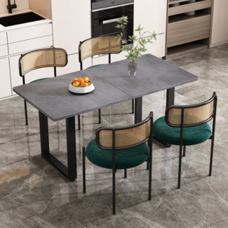 Merax Esstisch-Set, Esstisch und Stuhl-Set, 5er set, 4 Samt-Esszimmerstühle & 1 rechteckiger Esstisch, Rattan-Freizeitstuhl, Grau + Grün+Schwarz