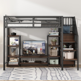 Hochbett 90x200 cm mit TV-Ständer und Steckdose – modernes Design mit stabiler Metall-Holz-Kombination