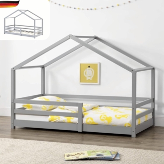 DELUKE® Kinderbett 70x140 cm TRUDA - mit Lattenrost und Fallschutz Kiefernholz Haus-Design Einzelbett Hausbett Kinderzimmer Bodenbett Montessori Bett Grau