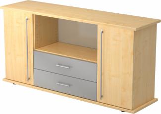 bümö Sideboard Ahorn mit Flügeltüren & Regal - Büromöbel Sideboard mit Schubladen Holz 166cm breit, 45cm schmal, Büro Schrank für Flur oder als Wohnzimmer-Kommode mit Relinggriff, SBTS-3-3-RE