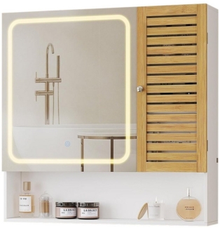 MSMASK Spiegelschrank mit LED-Beleuchtung und Steckdose, Badezimmerschrank (1-St) mit Bambustür & Verstellbarer Ablage, 80×16×77cm