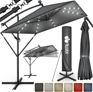 tillvex® Alu Sonnenschirm Rechteckig Ø 330 cm mit LED Solar Braun + Abdeckung mit Kurbel | Ampelschirm mit Ständer & Windschutz | Gartenschirm UV-Schutz, wasserdicht, 360° drehbar | Kurbelschirm Marktschirm