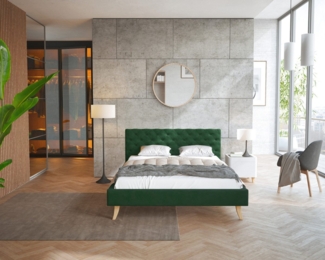 FDM Polsterbett Kalifornia Bettrahmen 120x200, 140x200, 160x200, 180x200cm (MADE IN EU - mit hochwertigem Velours Bezug, Bettrahmen, Bett, Optional mit Matratze bestellbar, mit großen gepolsterten Kopfteil aus hochwertigem Veloursstoff), Holzrahmen mit...