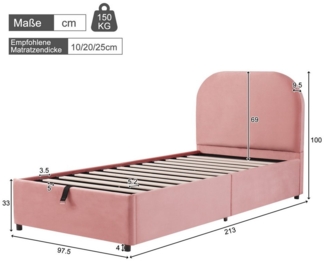 Ulife Polsterbett Kinderbett, Einzelbett, hydraulisches Funktionsbett, 90 x 200cm (1-tlg, Ohne Matratze), Bett mit Lattenrost, Kopfteil und großem Stauraum