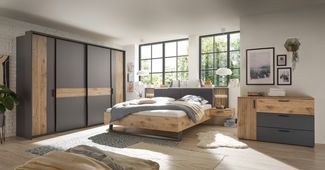 Schlafzimmer-Set >Daria< (4-teilig) Kleiderschrank, Bett, Kommode, Viking Oak Dekor / Graphit