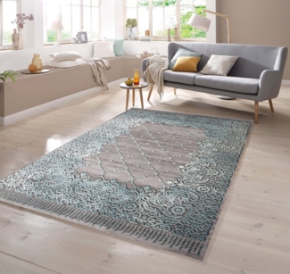 TeppichHome24 Teppich Designer Teppich mit Konturenschnitt in Grau Türkis Creme, rechteckig