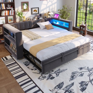 Merax Polsterbett 90 × 190 cm/180 × 190 cm, Doppelbett, multifunktionales Schlafsofa, mit LED-Beleuchtung, Steckdosen und viel Stauraum, dunkelgrau