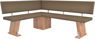 Moderne Eckbank, Eiche-Dekor, Kunsleder taupe, kurzer Schenkel links