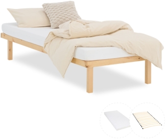 Bettgestell 90x200 cm mit Matratze Holzbett Unbehandelt Einzelbett Massivholz Bett ohne Kopfteil Gästebett Jugendbett Lattenrost