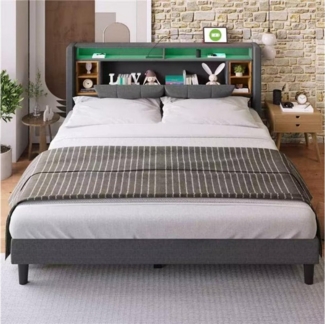 BlingBin Polsterbett Doppelbett Stauraum-Kopfteil mit aufladen USB und LED 160×200CM, Gesamtabmessung: 223 x 169 x107 cm (TxBxH)