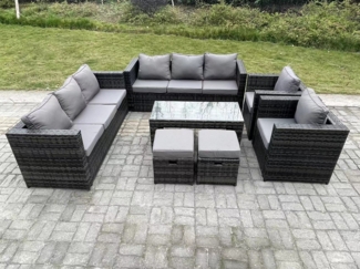 Fimous Rattan Gartenmöbel Lounge Sofa Set im Freien mit länglichem rechteckigem Couchtisch 2-teiligem Armstuhl 2-Hocker