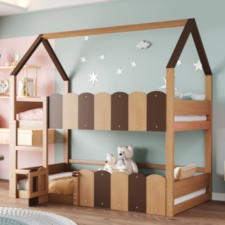 Hochbett Holzoptik Mit Hausdesign 90x200 Metall Konstruktion 120kg Tragkraft Kinderzimmer Spielbereich Klapptür