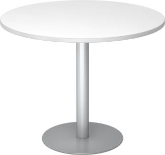 bümö Besprechungstisch, Esstisch klein, Tisch rund 100 cm - kleiner Esstisch weiß, Rundtisch Esstisch 2 Personen mit Holz-Platte, Säule aus Metall in silber, Konferenztisch, Bistrotisch, STF10-W-S