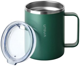 Vinsun Thermobecher Edelstahl Isolierbecher 350ml - Kaffeebecher mit Henkel und Deckel, 2-tlg, Edelstahl, Doppelwandig isoliert, BPA frei, bruchfest, Kalt- und Heißgetränke