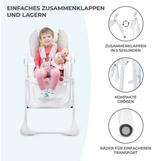 Kinderkraft Hochstuhl 'YUMMY' Rosa, 5-Punkt-Gurt, rutschfeste Stuhlbeinkappen, höhenverstellbar, inkl. abnehmbares Essbrett