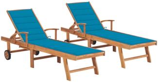 Sonnenliegen 2 Stk. mit Auflagen Blau Massivholz Teak