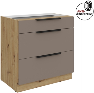 Küchen Unterschrank 80 cm Küche ARIA Sandgrau ultra matt + Eiche Artisan matt, hochwertige Fronten mit Anti Fingerprint Beschichtung, Soft-Close Küchenzeile Küchenblock