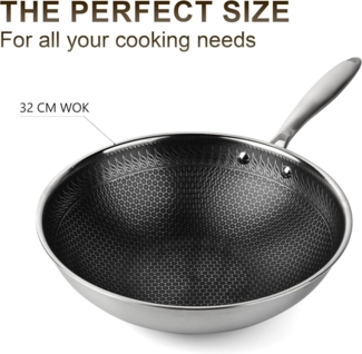 32cm Edelstahl Wok mit Deckel Antihaftbeschichtung Induktion Gas Backofenfest