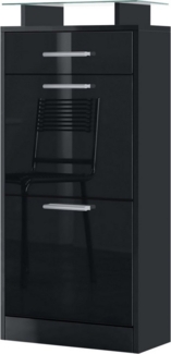 Vladon Schuhschrank Loret V2, Schuhkipper für 8 Paar Schuhe mit 2 Klappen, 1 Schublade und Glasablage, Schwarz matt/Schwarz Hochglanz (46 x 104 x 23 cm)
