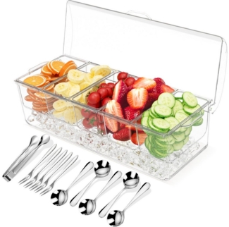 POPOLIC Salatbox Obstsalatbox aus Acryl mit 5 Fächern und Besteckset aus Edelstahl