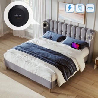 Polsterbett Doppelbett, mit USB Typ C Ladefunktion, Bettgestell mit Lattenrost, Gepolstertes Bett in Grau, Bettrahmen Jugendbett für Schlafzimmer Gästezimmer, Leinenmaterial, Grau, 140x200 cm