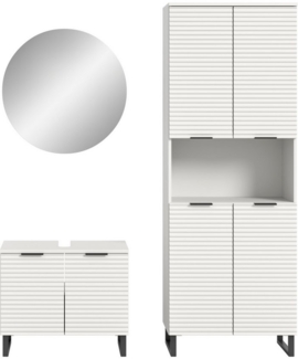 welltime Badmöbel-Set Litica, Breite 155 cm, hochwertige Rillenfräsung, Metallkufen, (3-St), best. aus.: Waschbeckenunterschrank, Spiegelschrank, Hochschrank