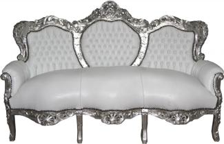 Casa Padrino Barock Sofa King Weiß/Silber Lederoptik - Möbel Wohnzimmer