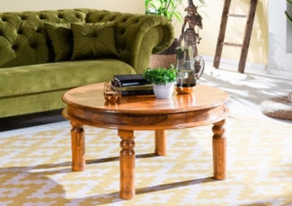 Massivmoebel24 Couchtisch OXFORD (Runder Couchtisch im Landhausstil mit Reliefarbeit im Holz, in braun lackiert 90x90x45 Akazie), hochwertiges Edelholz,authentische Holzadern,aufwendige Schnitzereien und Verzierungen,