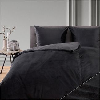 Blumtal Bettwäsche, Cashmere-Touch, Plüsch, warme Winterbettwäsche + Kopfkissenbezug, Schwarz, 4 Teilig: 2x 135x200 cm + 2x 80x80 cm