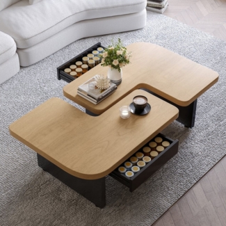 KLAM HOME Couchtisch Beistelltisch Sofatisch mit LED-Design aus umweltfreundlichem Holz (2-in-1-Design, beliebige Kombination, Design in natürlicher Holzfarbe), 2 Schubladen, weiche Rundungen, höhenverstellbare Füße
