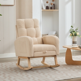 Schaukelstuhl Teddy Stoff Beige mit hoher Rückenlehne und Armlehnen, ergonomischer Relaxsessel mit Massivholzgestell