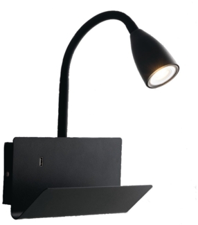 Flexible USB LED Leselampe Schwarz, Wandleuchte mit Ablage & Ladefunktion