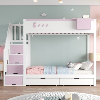 Etagenbett Kinderbett, Kaninchen- und Karottenmotive, abnehmbares Ablagefach, sichere Aufbewahrungsleiter, Schubladen, Lattenrost, Doppelbett, Weiß+Rosa, 90 × 200 cm