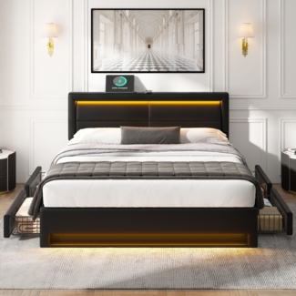 Merax Polsterbett LED Doppelbett 140x200cm mit USB-Anschluss und 4 Schubladen, schwarz