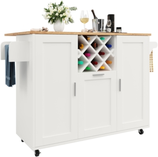 Merax Kücheninsel mit herausnehmbaren Trennwänden, Küchenschrank, Esszimmerwagen mit Arbeitsplatte, Buffetschrank, Esszimmerwagen mit Holzmaserung, seitlicher Handtuchhalter mit Flaschenhalter, weiß