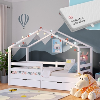 Bellabino 'Abia' Hausbett 90x200 cm mit Matratze und 2 Schubladen, weiß, Kiefer Massivholz, Montessori Kinderbett mit Stauraum, inkl. Rausfallschutz und Lattenrost